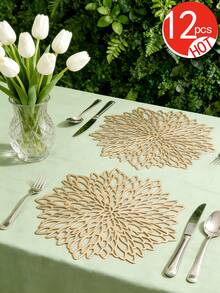 12pcs Gold Flower 15-Inch Round Placemats, PVC, 3.94-Inch Round Hollow Flower Coasters, Washable, Easy Clean, Wipe-Clean, Non-Slip, Heat-Resistant, Suitable For Room Decor, Dining Table Decor, Home Decor, Holidays, Parties, Birthdays, Weddings And Dinners - Multicolor - View 36