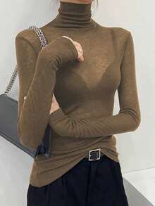 2025新款黑色高领女式打底衫，薄款网纱长袖T恤，秋冬款 - 卡其色 - 查看 3