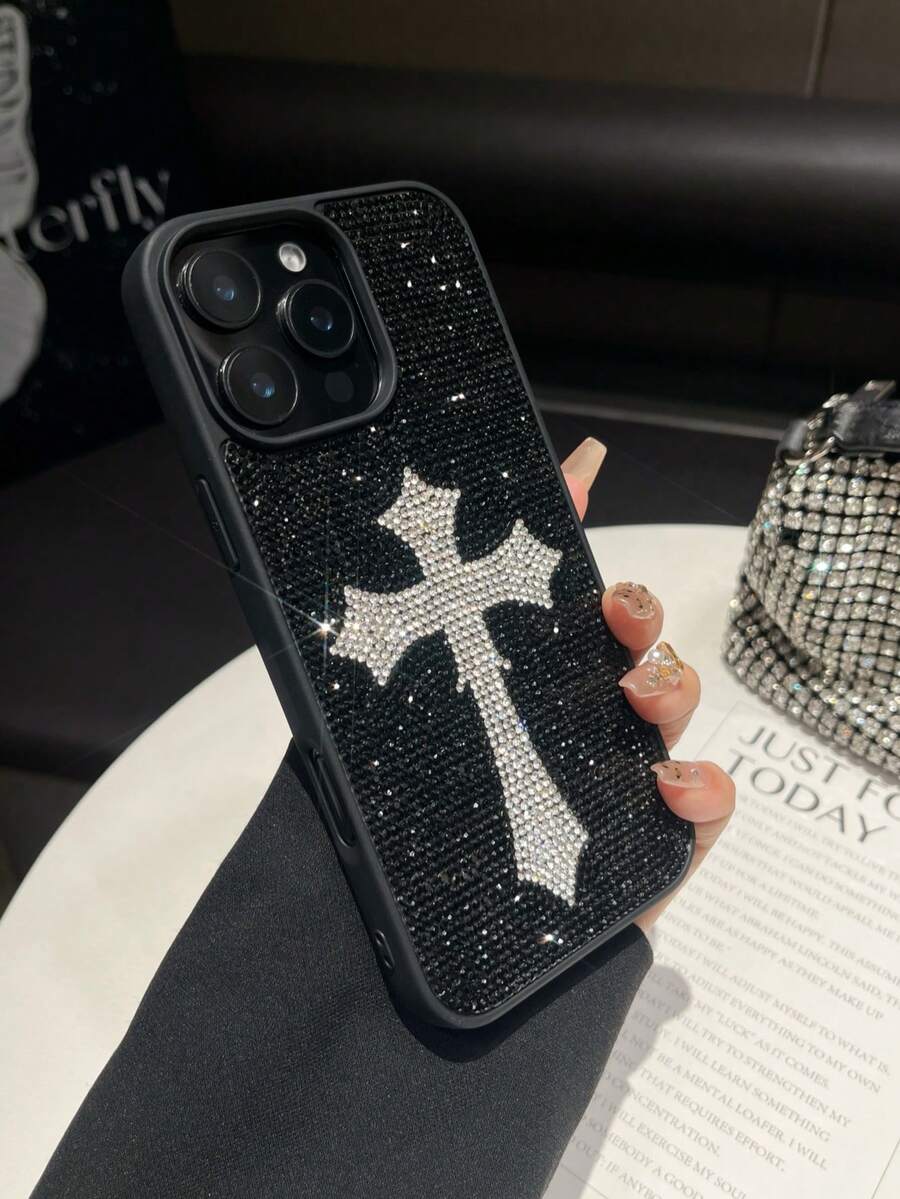 亮片、钻石 1 件装黑色十字水钻手机壳，奢华防震二合一保护套，适用于 17 Pro Max/13/14