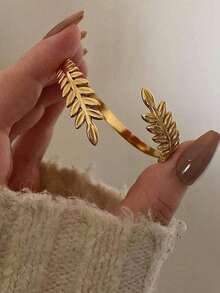 1pc Women's Bracelet, Summer Beach Wear Non-Fading 18K Gold Plated Stainless Steel Wheat Ear Open Cuff Bracelet, Daily Accessory Gift - Yellow Gold - View 8