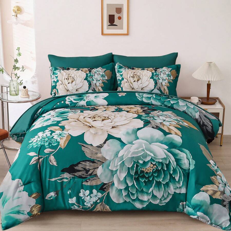 3 Pieces Brown Floral Print Comforter Doona Sets Double Queen King Bedding Set With 2 Pillowcases,3Pcs Soft & Comfortable Botanical Flower Lightweight Quilted Bedding Set With Polyester Filling,Room Decor,Machine Washable,All Season,Wedding Gift