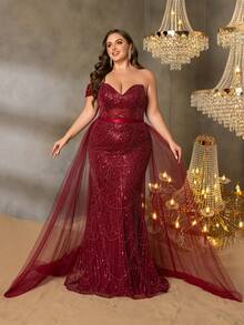 Faeriesty Women's Glamorous Plus-Size Off-The-Shoulder Evening Gown With Sparkling Sequin Embellished – Perfect For Galas, Receptions, Balls, Ceremonies - Burgundy - View 6