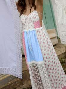 Women Ditsy Floral Contrast Lace Backless Sleeveless Halter Long Dress, Boho,Vacation, Wedding, Summer Dress, Vacation Outfits Women,Old Money,  Saint Patrick  St Patrick Day Outfit, Easter Dress Women,Backless Dress, Cowgirl Outfit, Wedding Dress - Multicolor - View 6