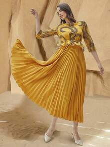优雅阿拉伯褶裥长裙，圆领，七分袖，刺绣设计，梭织面料 - 黃色 - 查看 4