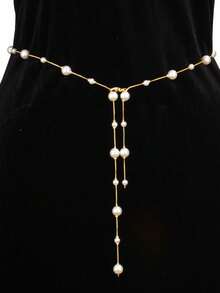 1件不对称珍珠串珠流苏腰链，合金仿珍珠串珠流苏装饰腰带，不对称腰链，复古百搭身体链，适合搭配连衣裙和牛仔裤，女士腰部配饰