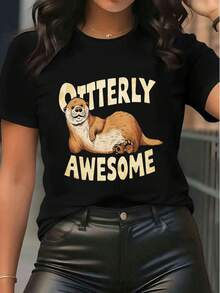 Women's Casual Short Sleeve Crew Neck T-Shirt Cute Otter Graphic Print "Otterly Awesome" Slogan Tee Top For Daily Wear - 黑色 - 查看 1