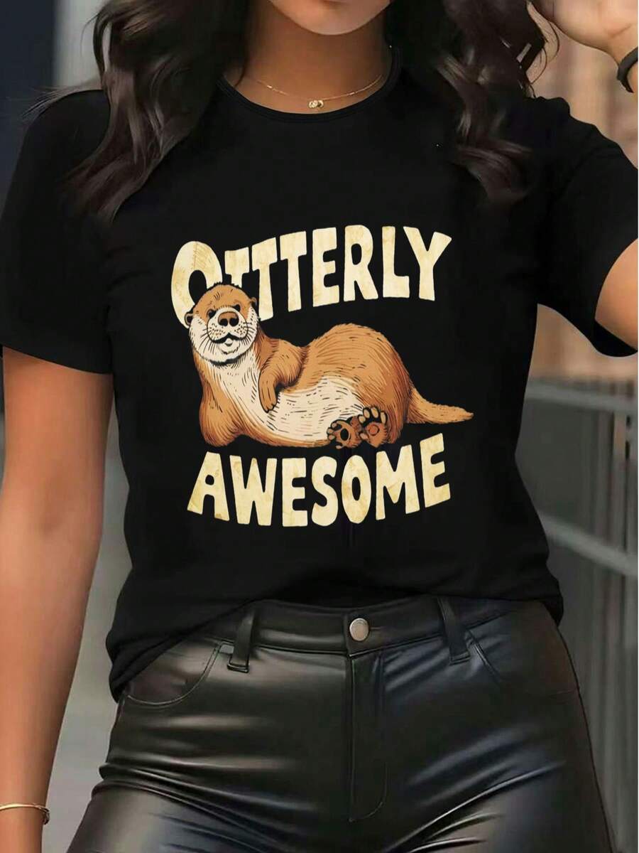Women's Casual Short Sleeve Crew Neck T-Shirt Cute Otter Graphic Print "Otterly Awesome" Slogan Tee Top For Daily Wear - 黑色 - 查看 1
