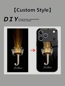 1pc Customized Name, Luxury Rhinestone Crown Pattern Liquid TPU Full Edge + Tempered Glass Shockproof Anti-Scratch Phone Case Compatible With Apple 17 ProMax/16 ProMax/15 Pro/14 Plus/13 Pro/12 Pro Max/11/Xs Max/8/7/6 Plus, S24 Ultra/S25 Ultra, Redmi/ Phones - Black - View 8