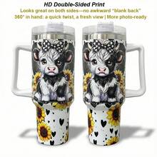 40oz Tumbler With Handle And Straw Lid, Stainless Steel Vacuum Insulated Travel Mug, Fits Car Cup Holder, Hot & Cold Drinks, Cute Cow Sunflower Design, Birthday Gift For Women - White - View 2
