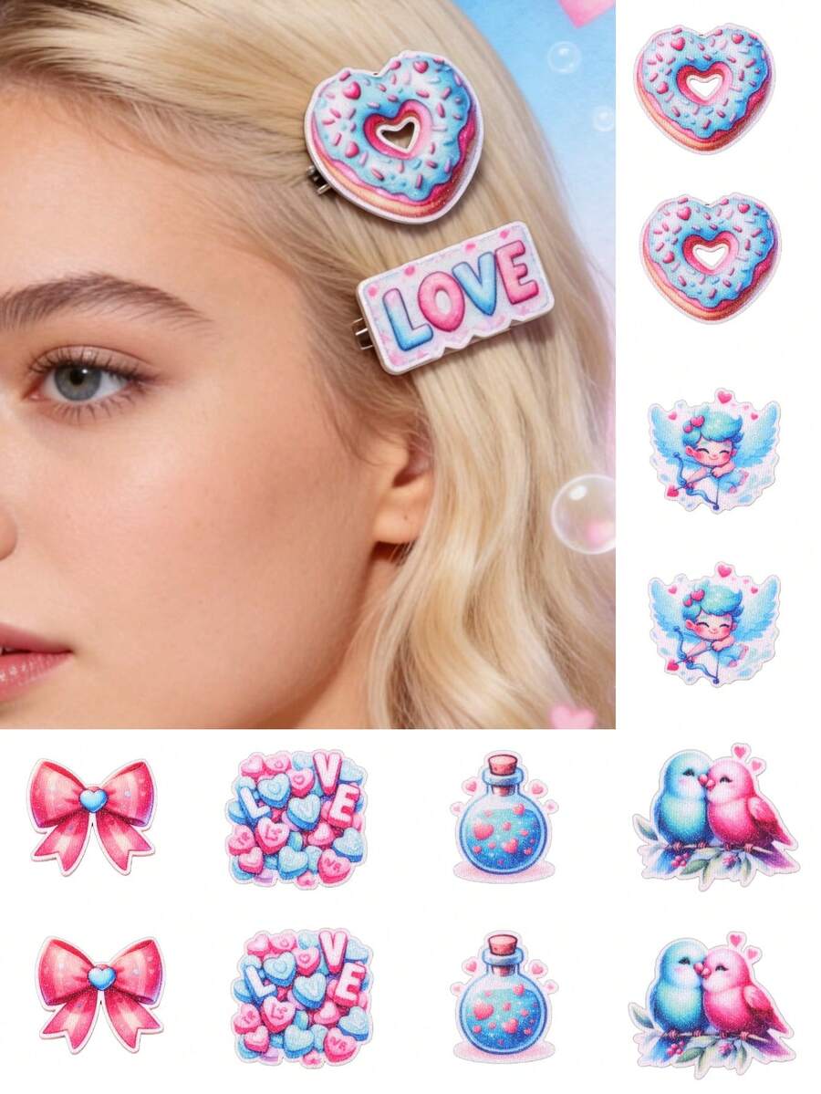 12Pcs Valentine Hair Clips Pack Heart Rose Pearl Ins Style