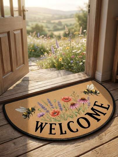 1pc Washable Farmhouse Style Bee & Floral Velvet Doormat, Suitable For Entryway, Small Rug, Welcome Mat, Carpet, Mat, Outdoor Doormat, Kitchen Rug, Home Decor, Front Door Mat, Area Rug, Outdoor Mat, Home Decor, Area Carpet, Garden Rug, Washable Carpet
