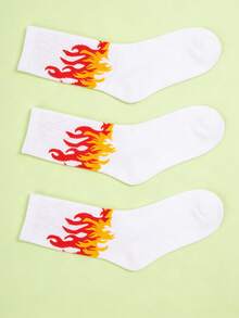 3 Pairs Men's Mid-Calf Socks With Yellow Flame Pattern, & High Elasticity, Not Tight - White - View 2