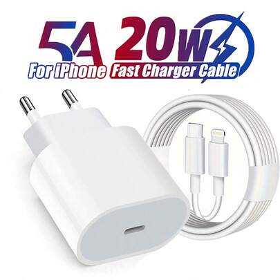 20W Multi-Function Protective Wall Charger, Charger And Fast Data Cable Set, Includes 20W Fast Charger Adapter, High-Efficiency Fast Charging Cable, Compatible With IPhone 14 Pro Max/14 Pro/14 Plus/14/13/12/11/8/7/XR/X/IPad Series, EU 20W PD Fast Charger Set, EU Plug, With 3.3ft/6.6ft USB-C To Lightning Data Cable