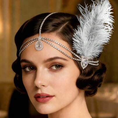 1件羽毛发链，镶钻头饰，复古发饰，适合单人舞会