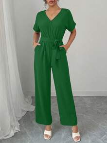 Women's Jumpsuit Casual Short Sleeve Wrap V Neck Belted Wide Leg Pants - 綠色 - 查看 2