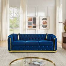 YOGLAD 1pc Luxury Italian Velvet Chesterfield Sofa Set 3+2 Seater, Split Living Room Sofa Couch With Gold Stainless Steel Trim, Button Tufted Curved Arm Velvet Sofa, Modern Light Luxury Upholstered Loveseater + 3-Seater Set With Throw Pillows For Home Living Room Apartment - 藏蓝色 - 查看 9