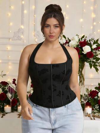 Plus Size Floral Lace Up Corset Top Slim Sexy Halter Women Corsets Holiday Fashion Shapewear Party Tops For Oktoberfestin Munich ,Halloween,Christmas,New Year