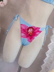 Bộ bikini 3 món xuyên thấu buộc cổ, họa tiết hoa lan đỏ rực rỡ, gợi cảm và tươi mát cho kỳ nghỉ biển, đồ bơi thoải mái và mềm mại cho kỳ nghỉ hè. - Màu xanh lam - Xem 6