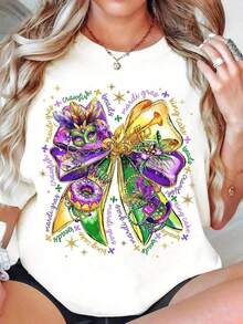 Gras Bow T Shirt Women Festive Carnival Costume Party Wear Purple Gold Green Mask Design Crewneck Graphic Tee For  Gras Celebration-Unisex Loose - Fit Comfortable Vintage Street - Style Cotton T - Shirt Top - 白色 - 查看 1