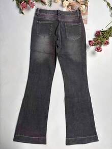 Women Y2K Low Rise Casual Denim Flared Pants Vacation Fashion Street Style With Pockets - Dark Grey - View 7