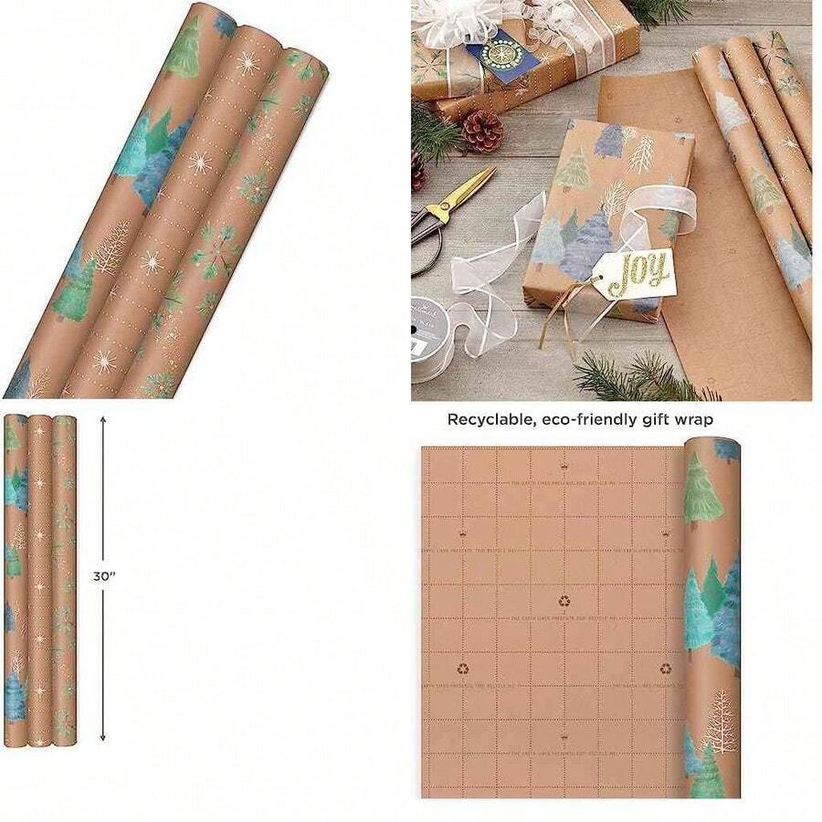 Hallmark - Papel de regalo de Navidad reciclable con lneas cortadas en el reverso (3 rollos: 90 sq. ft. ttl) Kraft caf con Santas, rboles verdes, rayas rojas - envoltura de navidad - Ver 1