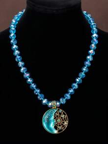 1件复古多层月亮脸、蜘蛛网、几何圆形吊坠优雅长项链，适合女性日常、派对、送礼、舞会配饰 - 藍色 - 查看 2