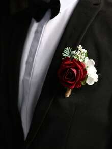 1pc/6pcs Elegant Princess Rose Flower With Foam Baby's Breath Romantic Boutonniere, Suitable For Groom, Groomsman, Bride, Bridesmaid, Wedding, Engagement, Banquet, Party - Dark Red - View 5