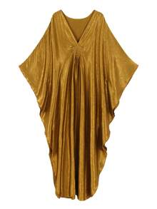 Đầm Kaftan Ma-rốc thanh lịch mùa xuân/hè 2026 dành cho nữ, cổ chữ V, tay dài cánh dơi, dáng rộng, maxi, thích hợp mặc đi biển, nghỉ dưỡng, dự tiệc tối, áo choàng ngoài khi đi bơi. - Vàng - Xem 2