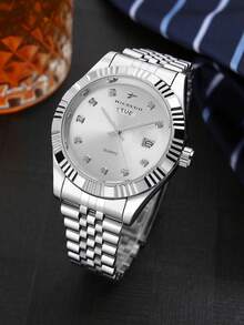 RICECGO 1 件男士商务石英表，奢华时尚男士腕表，带夜光双日历显示，不锈钢表带，适合日常佩戴，是情人节或生日送给男士的理想礼物 - 銀色 - 查看 9