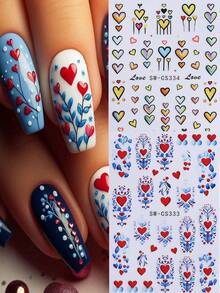 4片装彩色爱心情人节美甲贴纸，3D可爱爱心图腾红色美甲贴花，用于美甲装饰，3D自粘情人节美甲用品，适合女性和女孩的指甲 - 彩色 - 查看 4