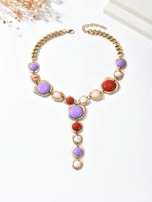 1 chiếc vòng cổ dài kiểu dáng cổ điển phóng đại, đính đá giả hình chữ Y, tua rua, trang sức bản to, mặt dây chuyền hình học sang trọng kiểu Pháp thời Baroque, phù hợp cho phụ nữ đeo hàng ngày, dự tiệc, sự kiện (màu sắc và vị trí đá ngẫu nhiên) - màu đỏ tím - Xem 5