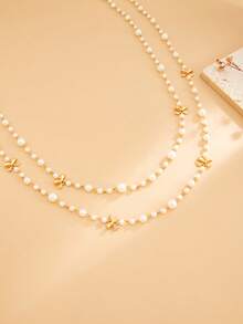 Delicate Double Layer Pearl Necklace, Golden Flower Design, Gift For Valentine's Day, Wedding, New Year