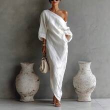 2026 Elegant Breathable Irregular One Shoulder Lazy Dress White - trắng - Xem 4