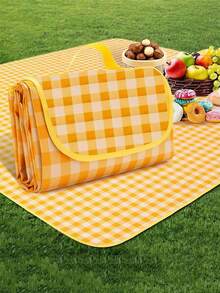 1pc Yellow Plaid Picnic Mat Non-woven Outdoor Moisture-proof Pad Spring Outing, Camping, Beach Mat