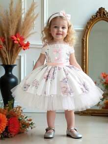 Baby Girls Spaghetti Strap Floral Print Dress With Bow Back, Cute Wedding Flower Girl Dress Suitable For 1st Birthday, Fabric Print Pattern Randomly Cut - 彩色 - 查看 5