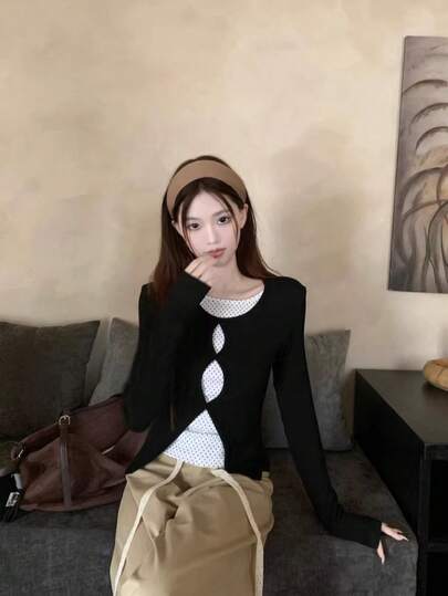 French Elegant 2 In 1 Hollow Polka Dot Long Sleeve T-Shirt, Fitted, High-End, Versatile Top, Autumn New Arrival