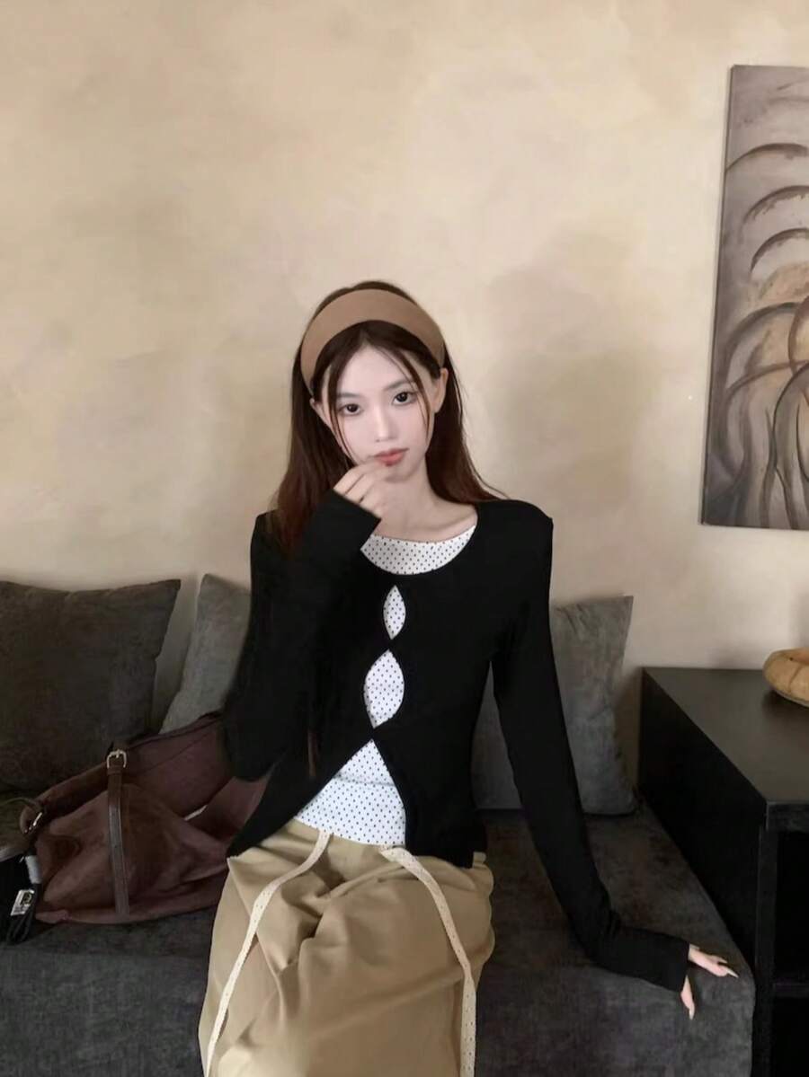 French Elegant 2 In 1 Hollow Polka Dot Long Sleeve T-Shirt, Fitted, High-End, Versatile Top, Autumn New Arrival - Black - View 1