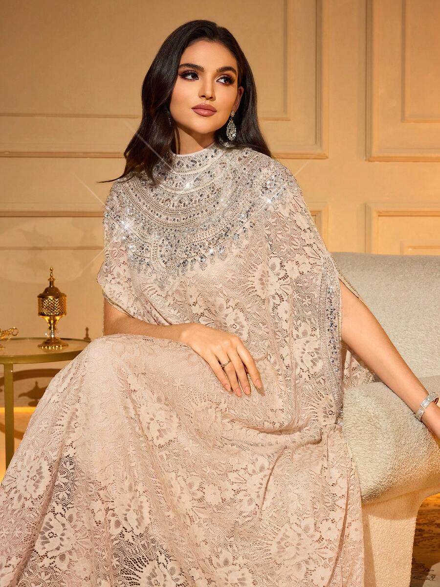 Elegant Long Lace Robe, Stand Collar Design, Decorated With Delicate Applique, Batwing Half Sleeve Spring - Apricot - View 1