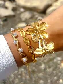 25-1件复古优雅硬币风格时尚金属几何不规则水钻花朵爱心蝴蝶结锤纹多层镂空宽手链套装，适合男女情侣派对结婚周年纪念礼物、日常佩戴 - 彩色 - 查看 7