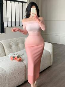 abyoxi 女士粉色渐变网纱拼接露肩长袖修身中长连衣裙，性感优雅，适合约会、派对、正式晚宴、度假、情人节、春夏等场合，紧身设计。 - 粉色 - 查看 5