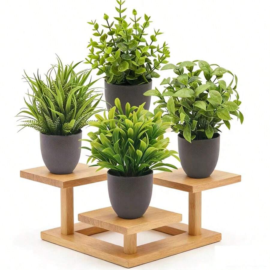 Set de 4 plantas artificiales en maceta, plantas artificiales miniatura verdes falsas en maceta, macetas de flores artificiales de plástico, plantas artificiales en miniatura, macetas negras, adecuadas para el hogar, oficina, mesa de comedor, casa de campo, baño, patio, regalos, jardín, exterior, jardinería, flores artificiales (1 maceta al azar) - Verde - Ver 1