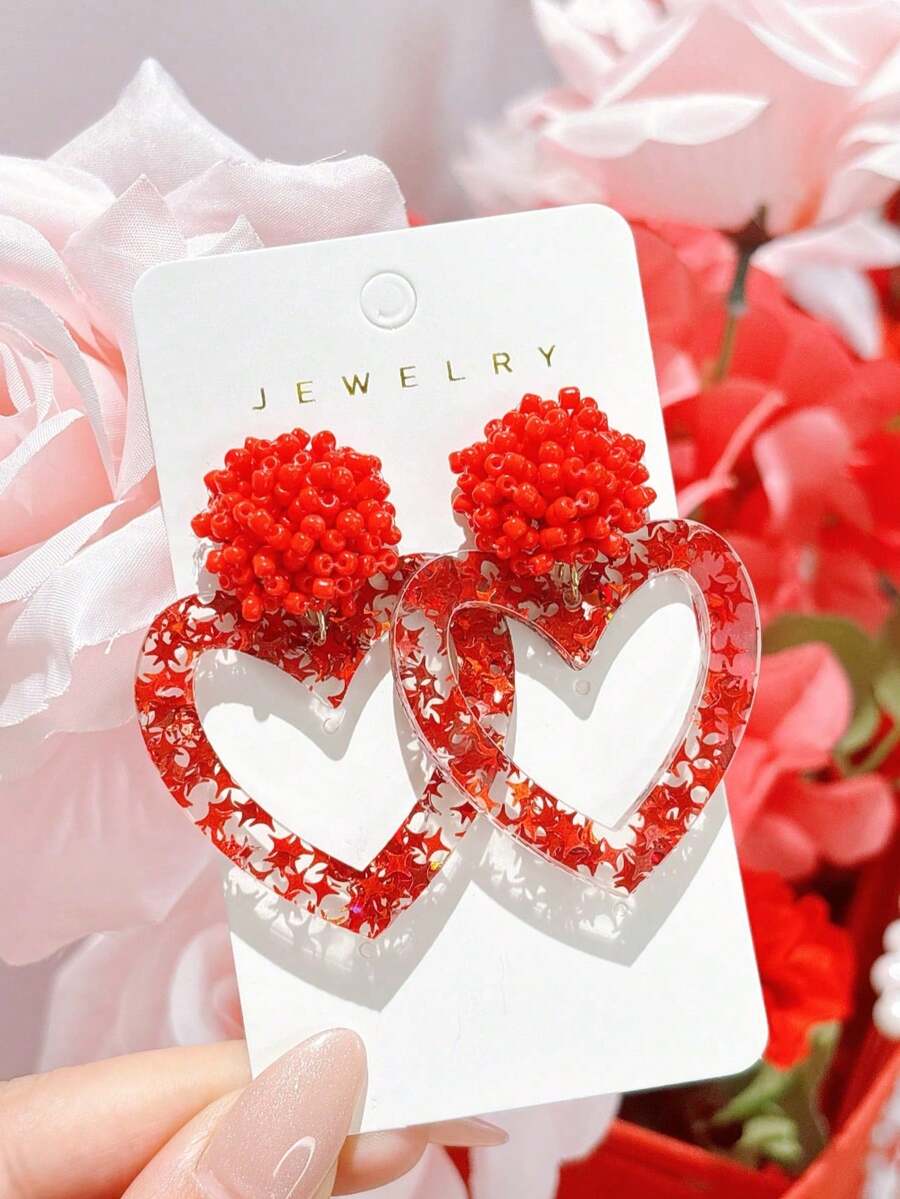 一对可爱的情人节爱心亚克力耳环，饰有红色小珠和星星，浪漫礼物，送给女孩的耳环 - 彩色 - 查看 1