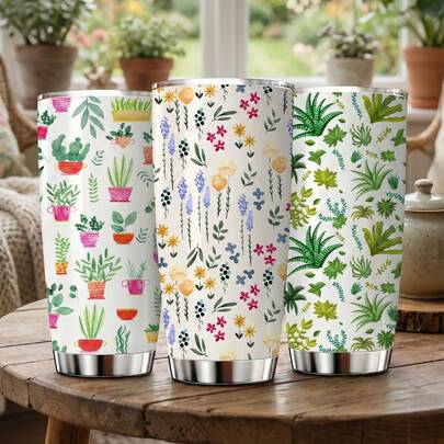 20oz Cute Indoor Plant Design Insulated Water Bottle, Stainless Steel Travel Mug With Plant Print, Keeps Cold 12-24 Hours, Portable Tumbler With Handle And Straw Lid, Stylish Office Supplies, Best Gift For New Year 2026