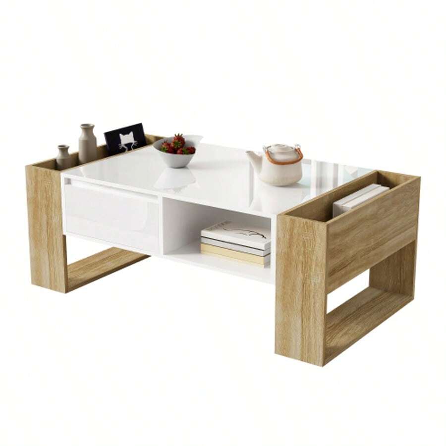 Modern Coffee Table 105 X 60 X 40 Cm - Partially Glossy, With Drawers And Open Compartments - White - View 1