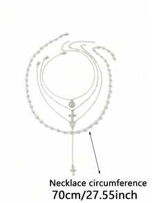 4 件 Y2K 十字架吊坠项链套装，珍珠多层项链，复古颈链，适合女士，适合派对和节日佩戴 - 彩色 - 查看 11