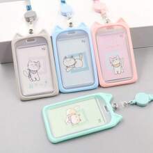 1pc Creative Little Cat Student Campus Card Holder Retractable Bus Card Holder Lanyard Meal Card Access Card ID Card Holder - Mèo con màu xám - Xem 1