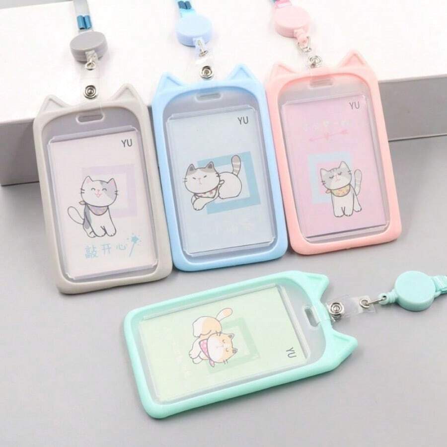 1pc Creative Little Cat Student Campus Card Holder Retractable Bus Card Holder Lanyard Meal Card Access Card ID Card Holder - Mèo con màu xám - Xem 1