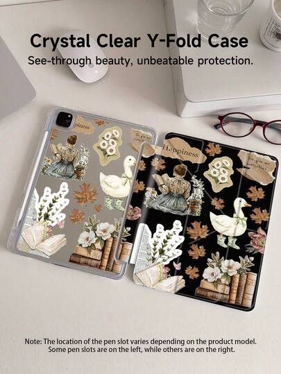 Maple Leaf & Book Element Patterns Tablet Case Compatible With IPad 11/IPad 10/IPad 7/8/9th/IPad Air 7th 11inch/IPad Air 5th/Kindle Paperwhite 11th/Kindle Paperwhite 12th,Compatible With Samsung Galaxy Tab, Clear Back ,Fashion Pattern Protective Case,Automatic Sleep And Wake-Up Function, Airbag Protection, Tales Collection – Cozy Reading Companion Tablet Cover