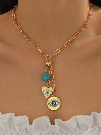 1件装时尚水钻恶魔眼吊坠项链，个性百搭女士颈链