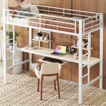 Loft Bed, 90*200 Cm, Metal Bed Frame, Iron Bed, Loft Bed With Desk And Two Bookshelves For Children, Teenagers And Adults, White - White - View 5